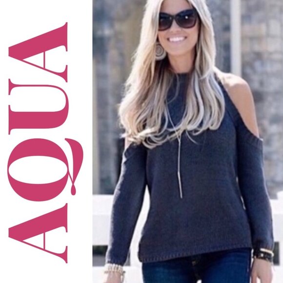 AQUA COLD SHOULDER HALTER KNIT SWEATER GRAY MINIMALIST, SIZE SMALL - Picture 1 of 10